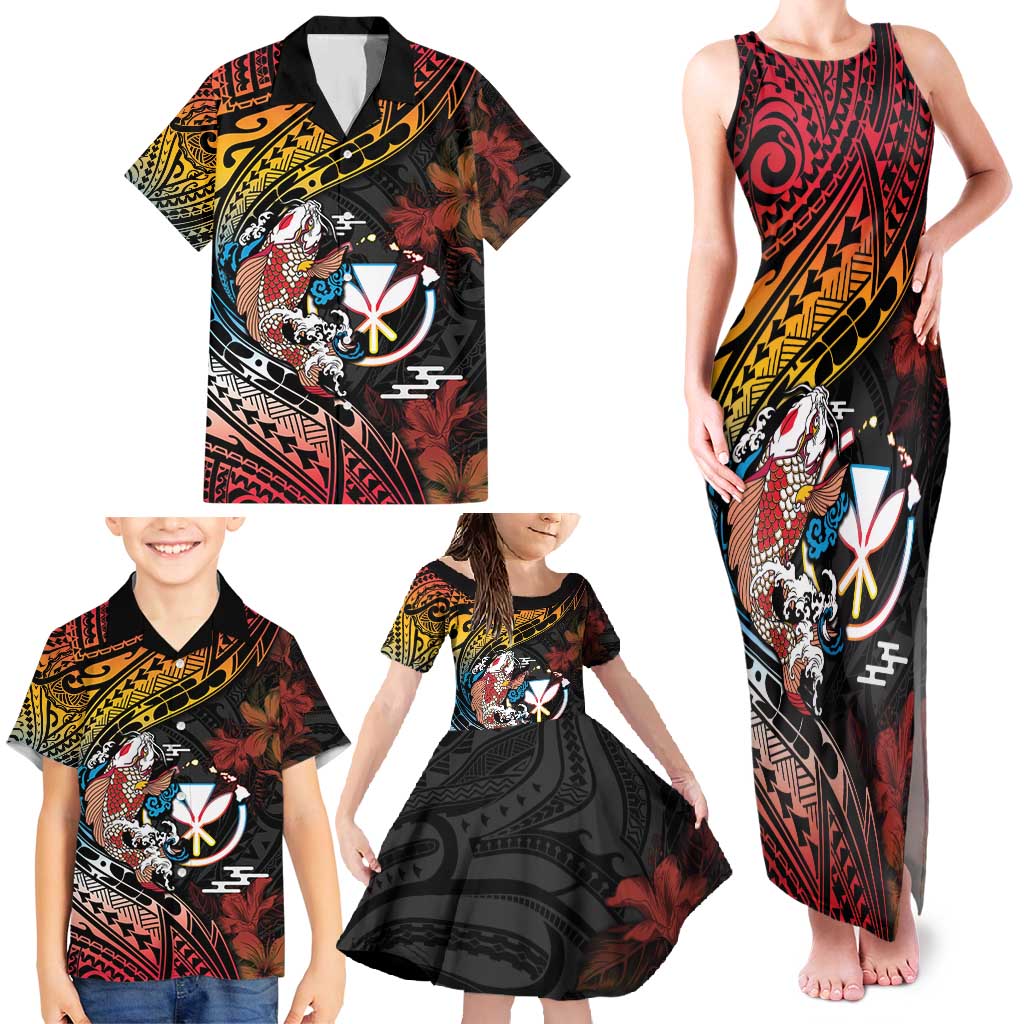 Hawaii And Japan Family Matching Tank Maxi Dress and Hawaiian Shirt Koi Fish With Kanaka Maoli