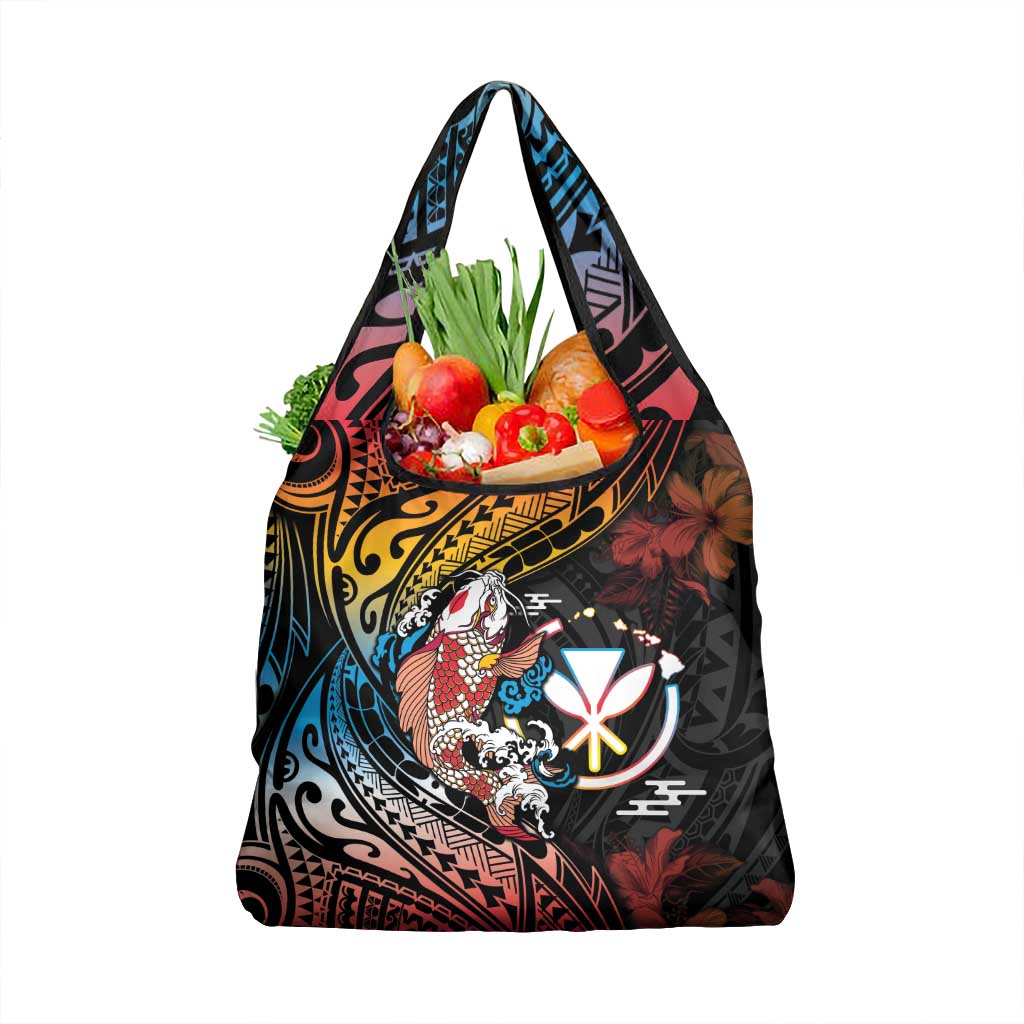 Hawaii And Japan Grocery Bag Koi Fish With Kanaka Maoli LT05 1-pack One Size Black - Polynesian Pride