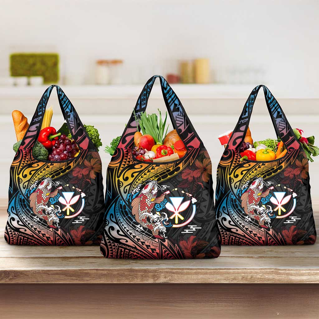 Hawaii And Japan Grocery Bag Koi Fish With Kanaka Maoli LT05 3-pack One Size Black - Polynesian Pride