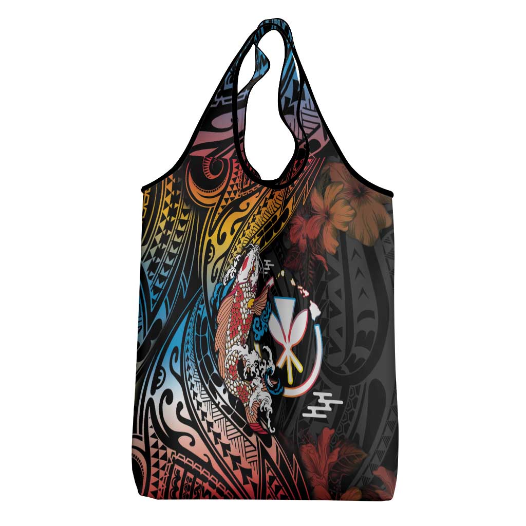 Hawaii And Japan Grocery Bag Koi Fish With Kanaka Maoli LT05 - Polynesian Pride