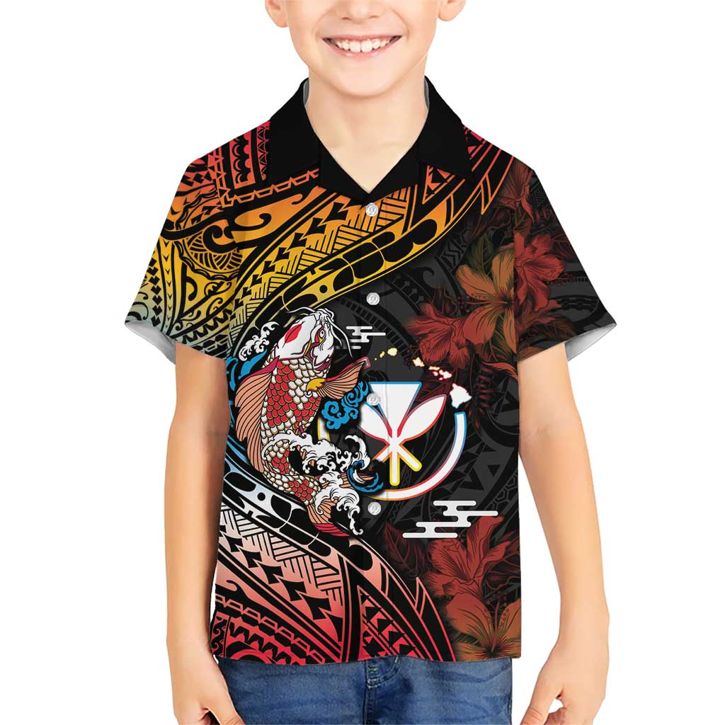 Hawaii And Japan Kid Hawaiian Shirt Koi Fish With Kanaka Maoli