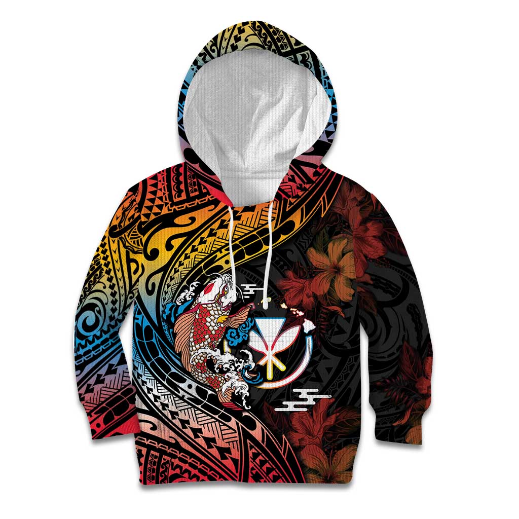 Hawaii And Japan Kid Hoodie Koi Fish With Kanaka Maoli LT05 Hoodie Black - Polynesian Pride