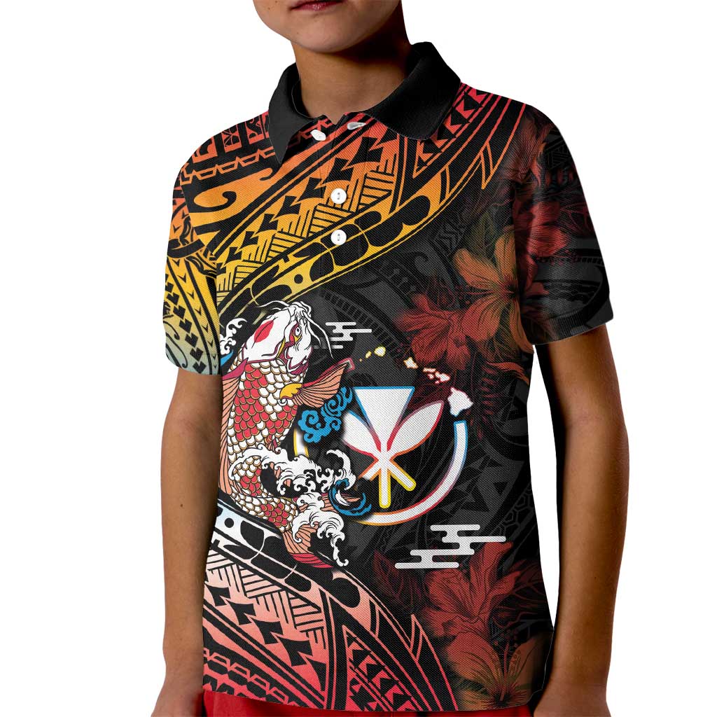 Hawaii And Japan Kid Polo Shirt Koi Fish With Kanaka Maoli LT05 Kid Black - Polynesian Pride
