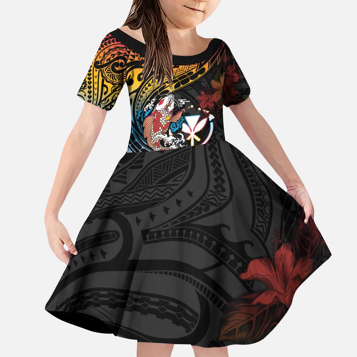 Hawaii And Japan Kid Short Sleeve Dress Koi Fish With Kanaka Maoli LT05 KID Black - Polynesian Pride