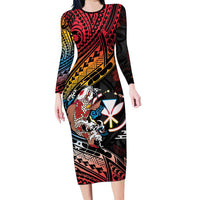 Hawaii And Japan Long Sleeve Bodycon Dress Koi Fish With Kanaka Maoli LT05 Long Dress Black - Polynesian Pride