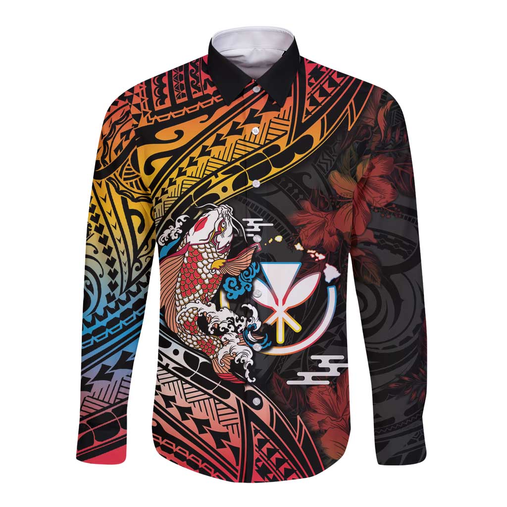 Hawaii And Japan Long Sleeve Button Shirt Koi Fish With Kanaka Maoli LT05 Unisex Black - Polynesian Pride