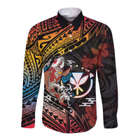 Hawaii And Japan Long Sleeve Button Shirt Koi Fish With Kanaka Maoli LT05 Unisex Black - Polynesian Pride