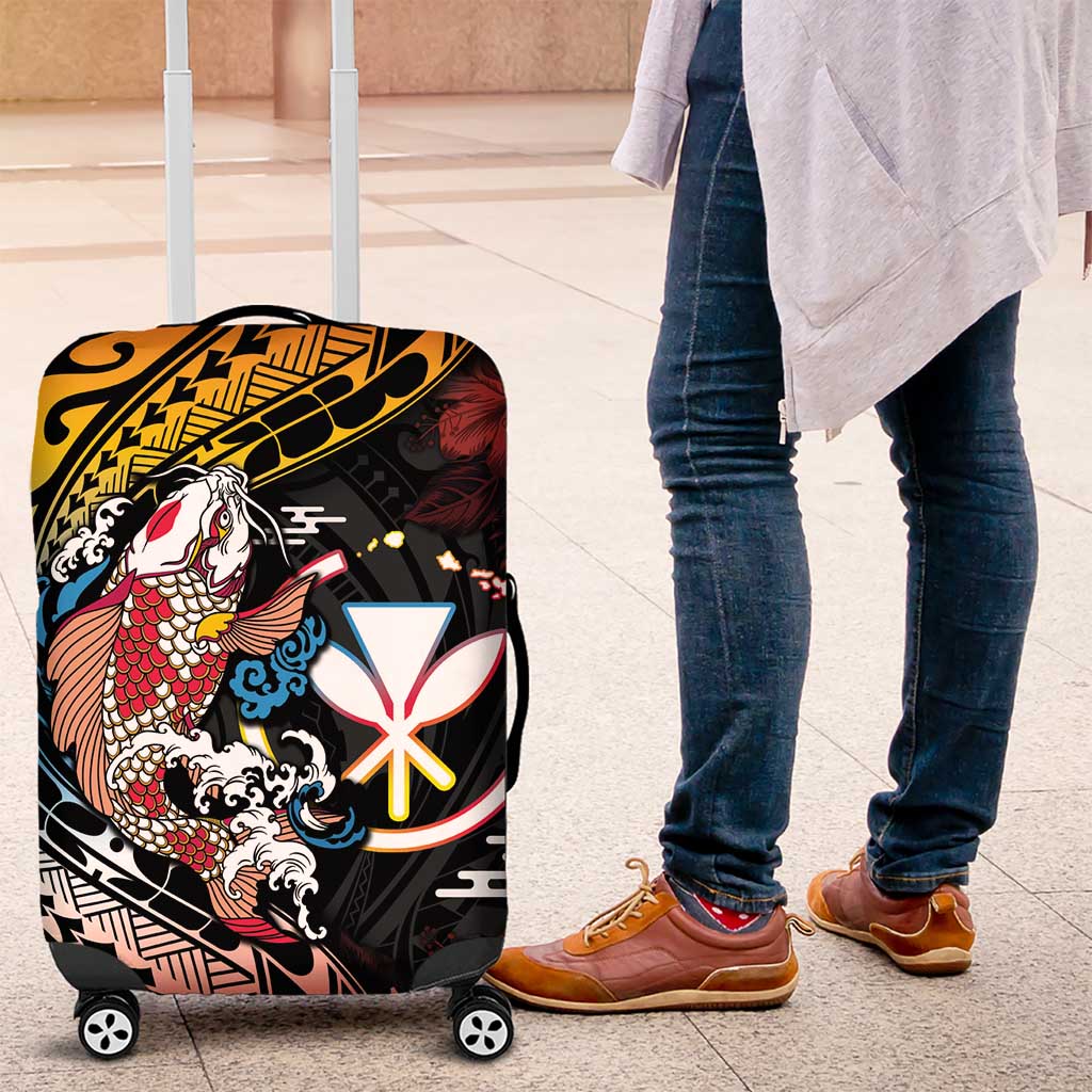 Hawaii And Japan Luggage Cover Koi Fish With Kanaka Maoli LT05 Black - Polynesian Pride