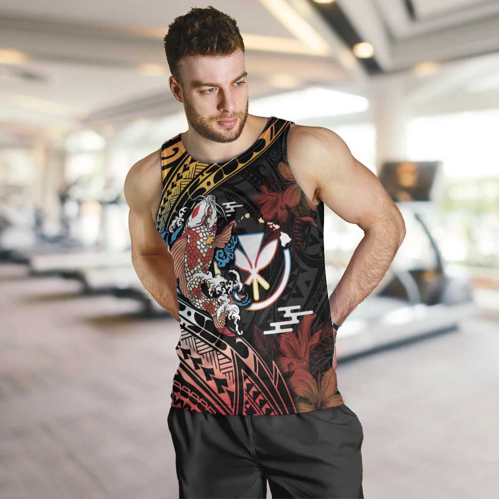 Hawaii And Japan Men Tank Top Koi Fish With Kanaka Maoli LT05 Black - Polynesian Pride