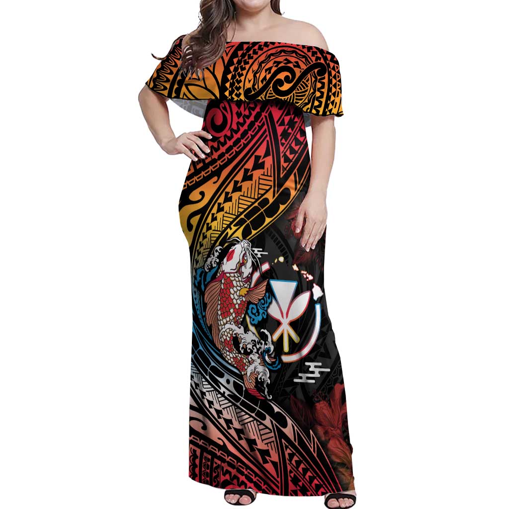 Hawaii And Japan Off Shoulder Maxi Dress Koi Fish With Kanaka Maoli