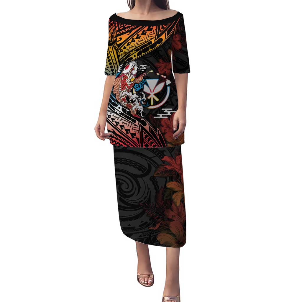 Hawaii And Japan Puletasi Koi Fish With Kanaka Maoli LT05 Long Dress Black - Polynesian Pride