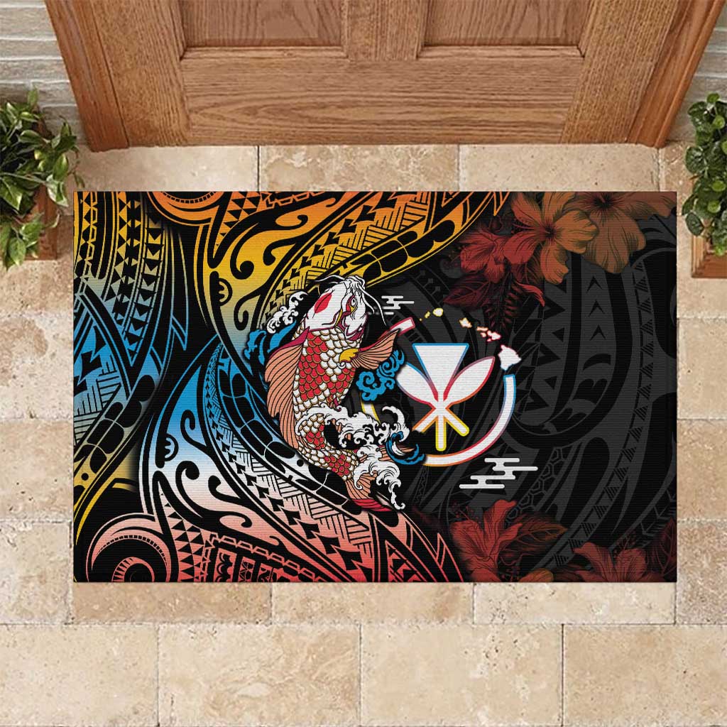 Hawaii And Japan Rubber Doormat Koi Fish With Kanaka Maoli