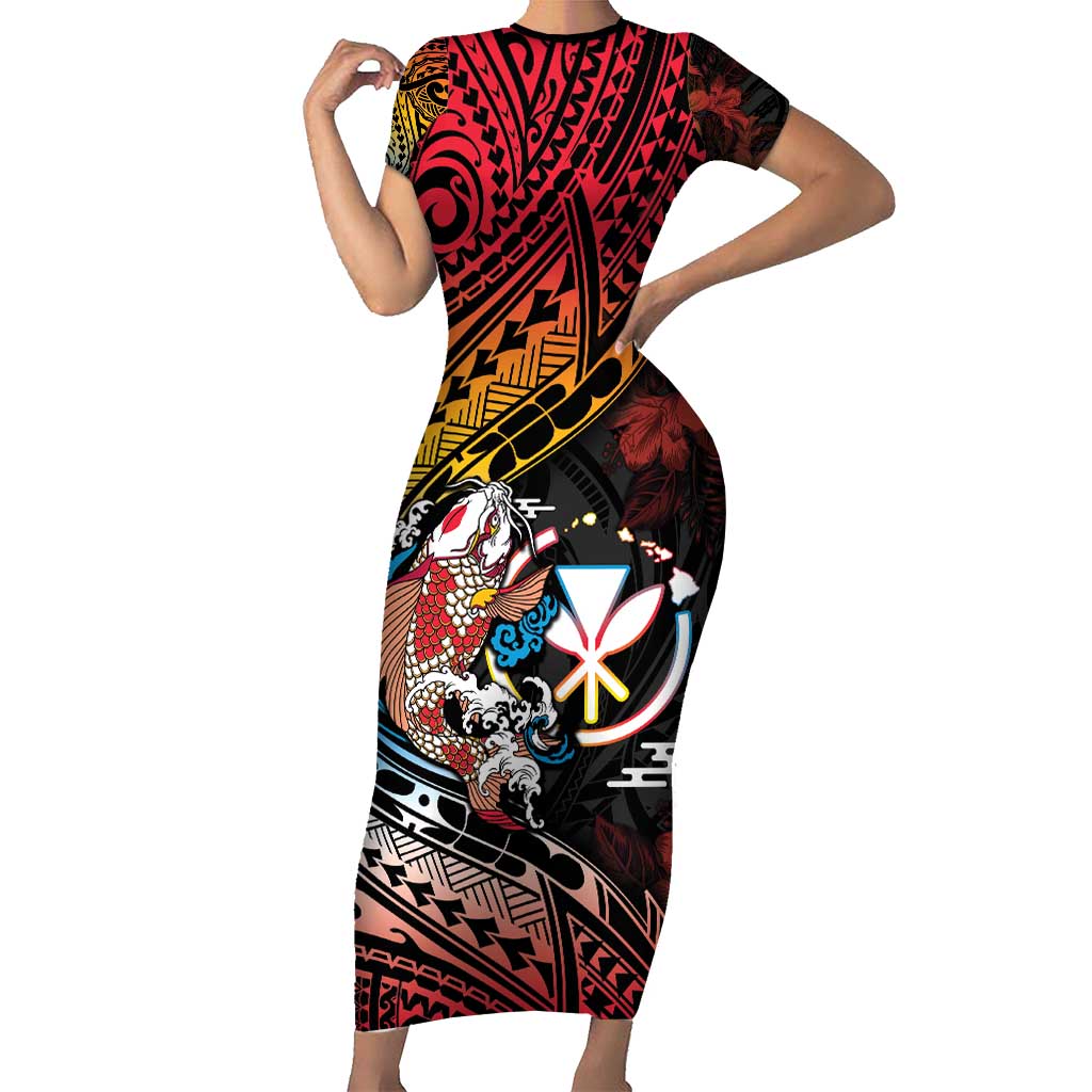 Hawaii And Japan Short Sleeve Bodycon Dress Koi Fish With Kanaka Maoli LT05 Long Dress Black - Polynesian Pride