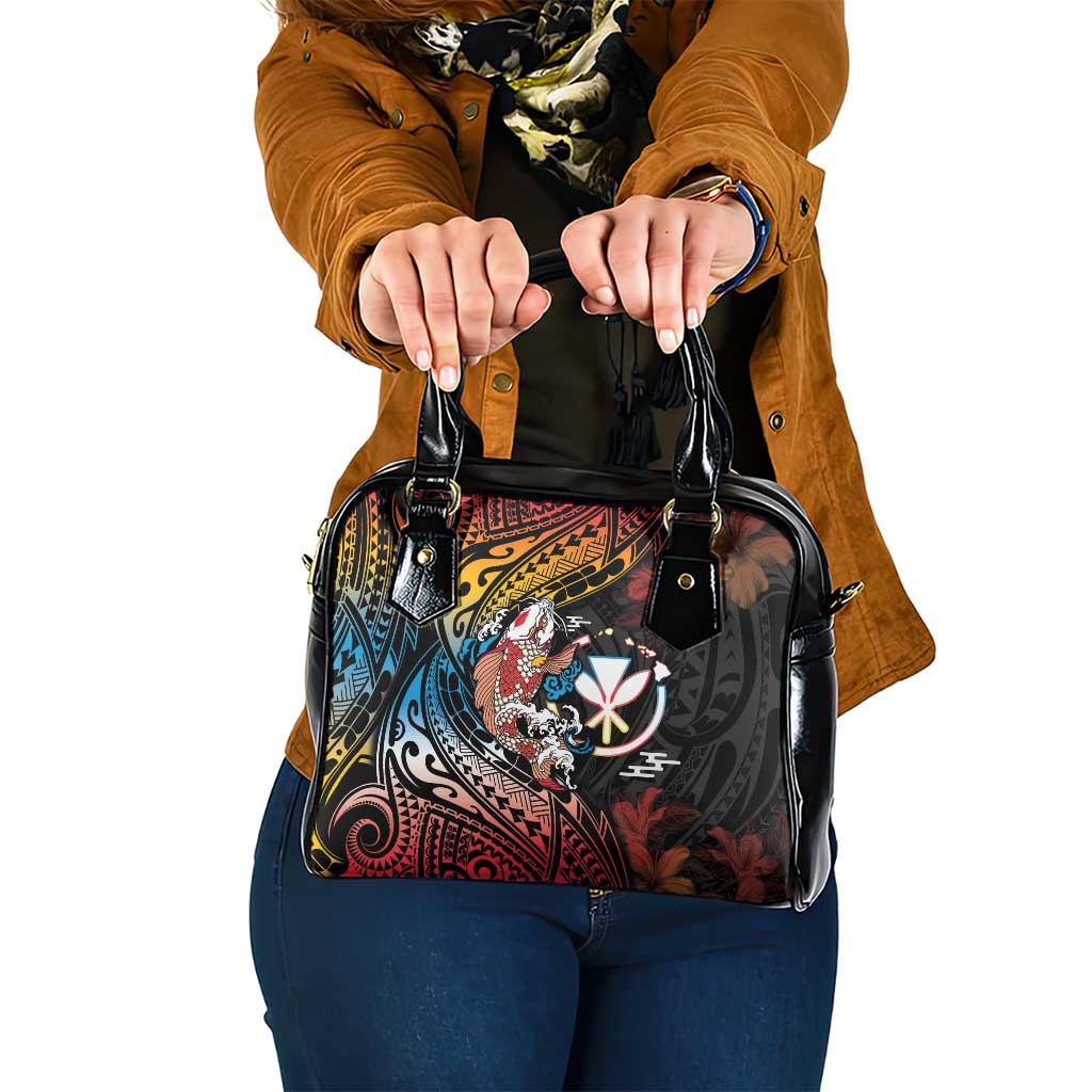 Hawaii And Japan Shoulder Handbag Koi Fish With Kanaka Maoli LT05 One Size Black - Polynesian Pride
