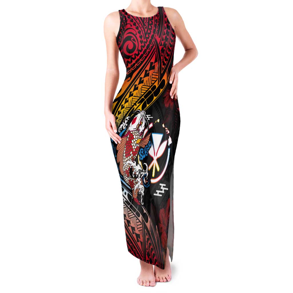 Hawaii And Japan Tank Maxi Dress Koi Fish With Kanaka Maoli LT05 Women Black - Polynesian Pride