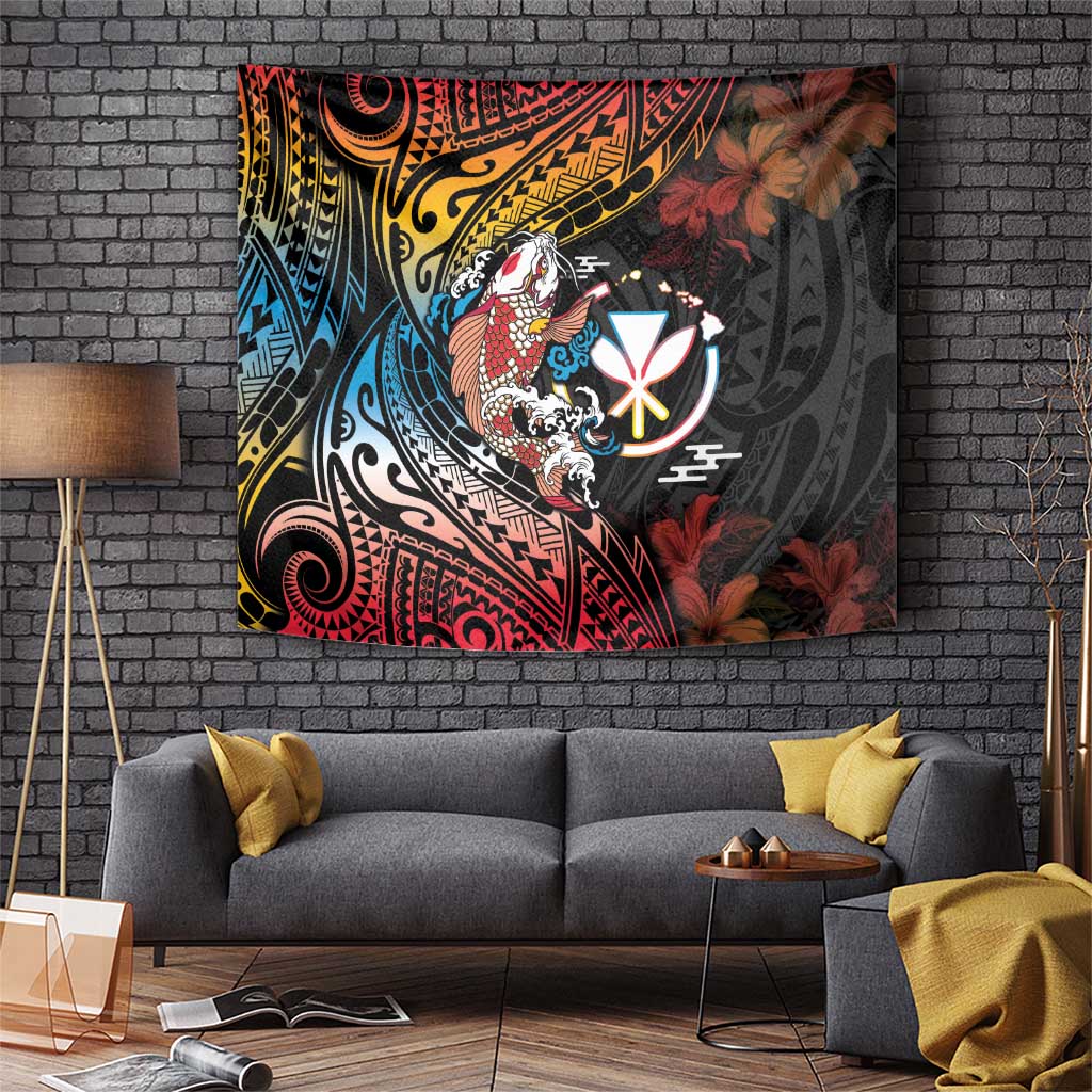 Hawaii And Japan Tapestry Koi Fish With Kanaka Maoli