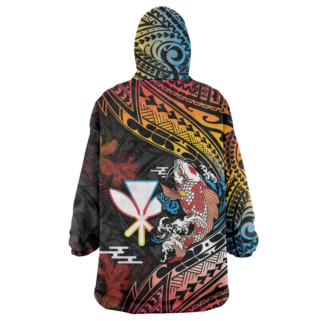 Hawaii And Japan Wearable Blanket Hoodie Koi Fish With Kanaka Maoli LT05 - Polynesian Pride