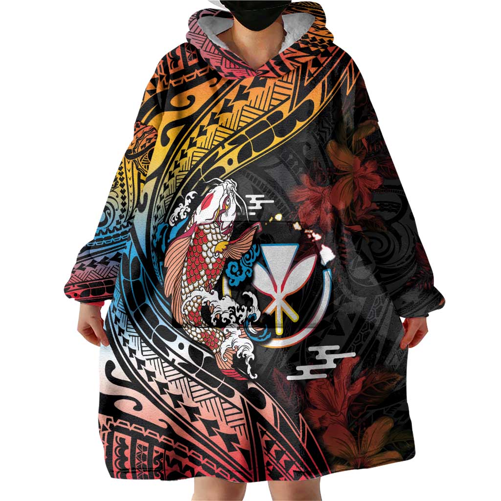 Hawaii And Japan Wearable Blanket Hoodie Koi Fish With Kanaka Maoli LT05 - Polynesian Pride