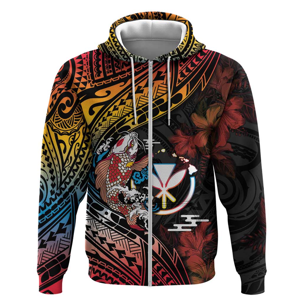 Hawaii And Japan Zip Hoodie Koi Fish With Kanaka Maoli