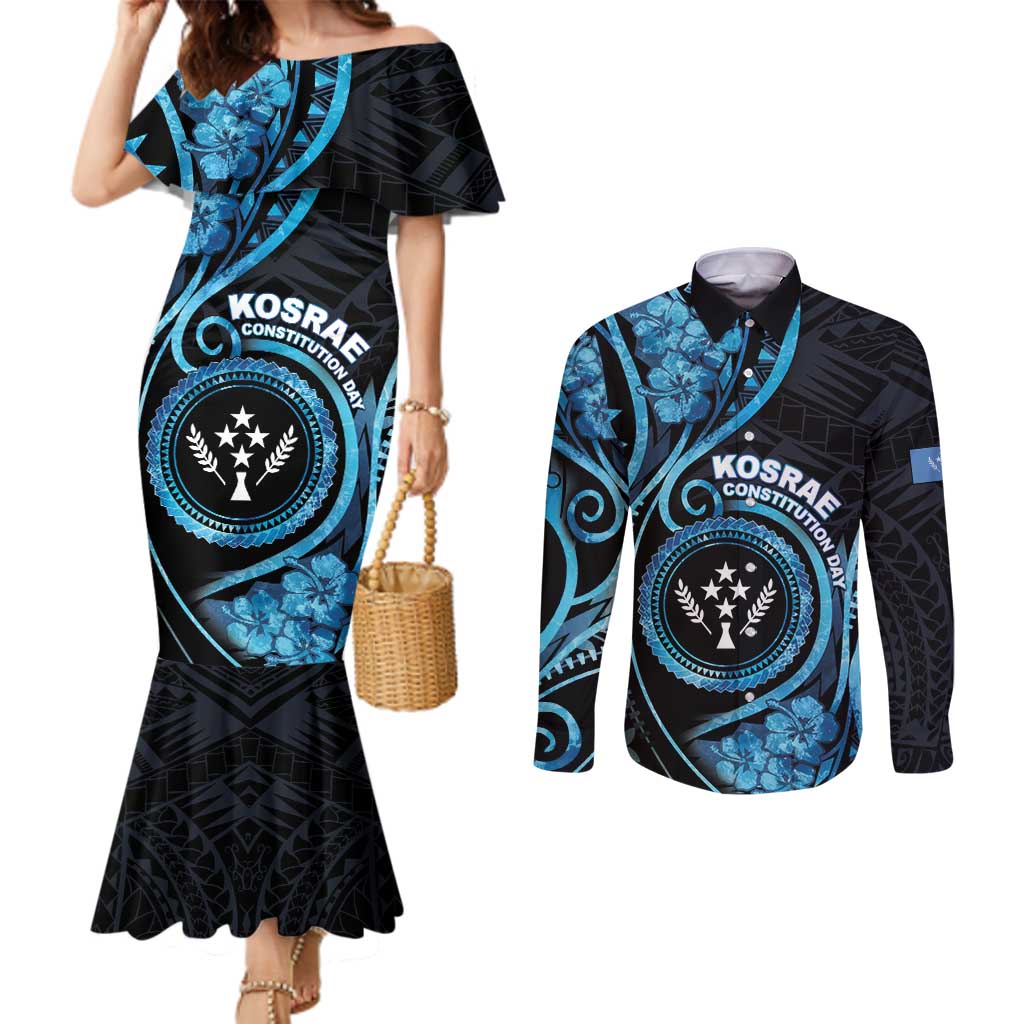 Personalised Kosrae Constitution Day Couples Matching Mermaid Dress and Long Sleeve Button Shirt Ocean Floral Pattern LT05 Black - Polynesian Pride