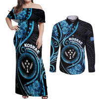 Personalised Kosrae Constitution Day Couples Matching Off Shoulder Maxi Dress and Long Sleeve Button Shirt Ocean Floral Pattern LT05 Black - Polynesian Pride