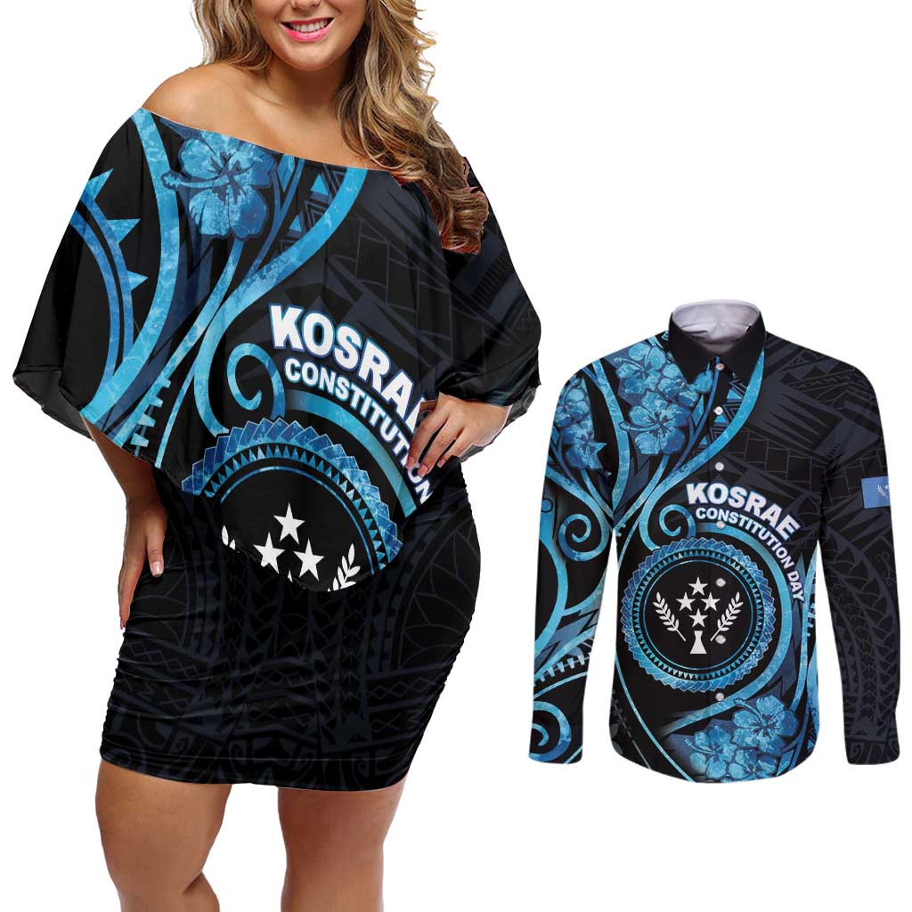 Personalised Kosrae Constitution Day Couples Matching Off Shoulder Short Dress and Long Sleeve Button Shirt Ocean Floral Pattern LT05 Black - Polynesian Pride