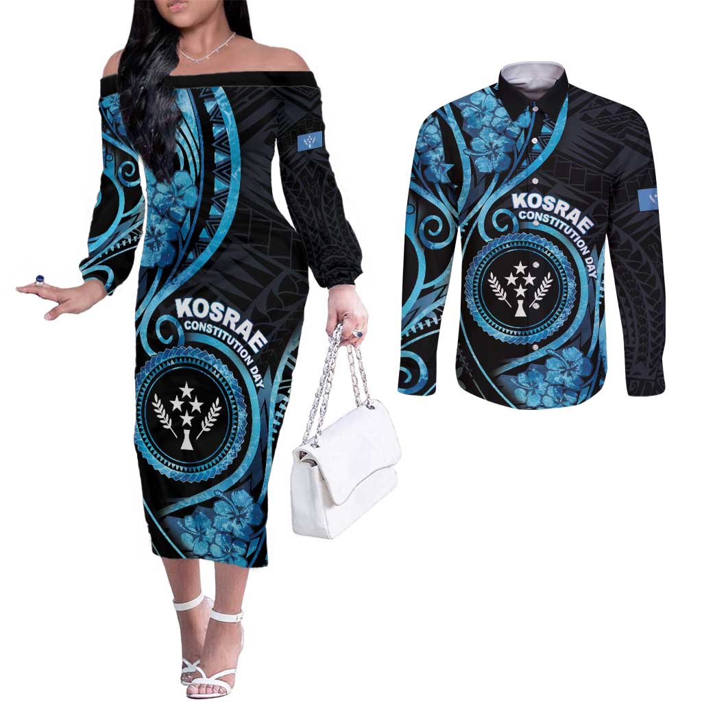 Personalised Kosrae Constitution Day Couples Matching Off The Shoulder Long Sleeve Dress and Long Sleeve Button Shirt Ocean Floral Pattern