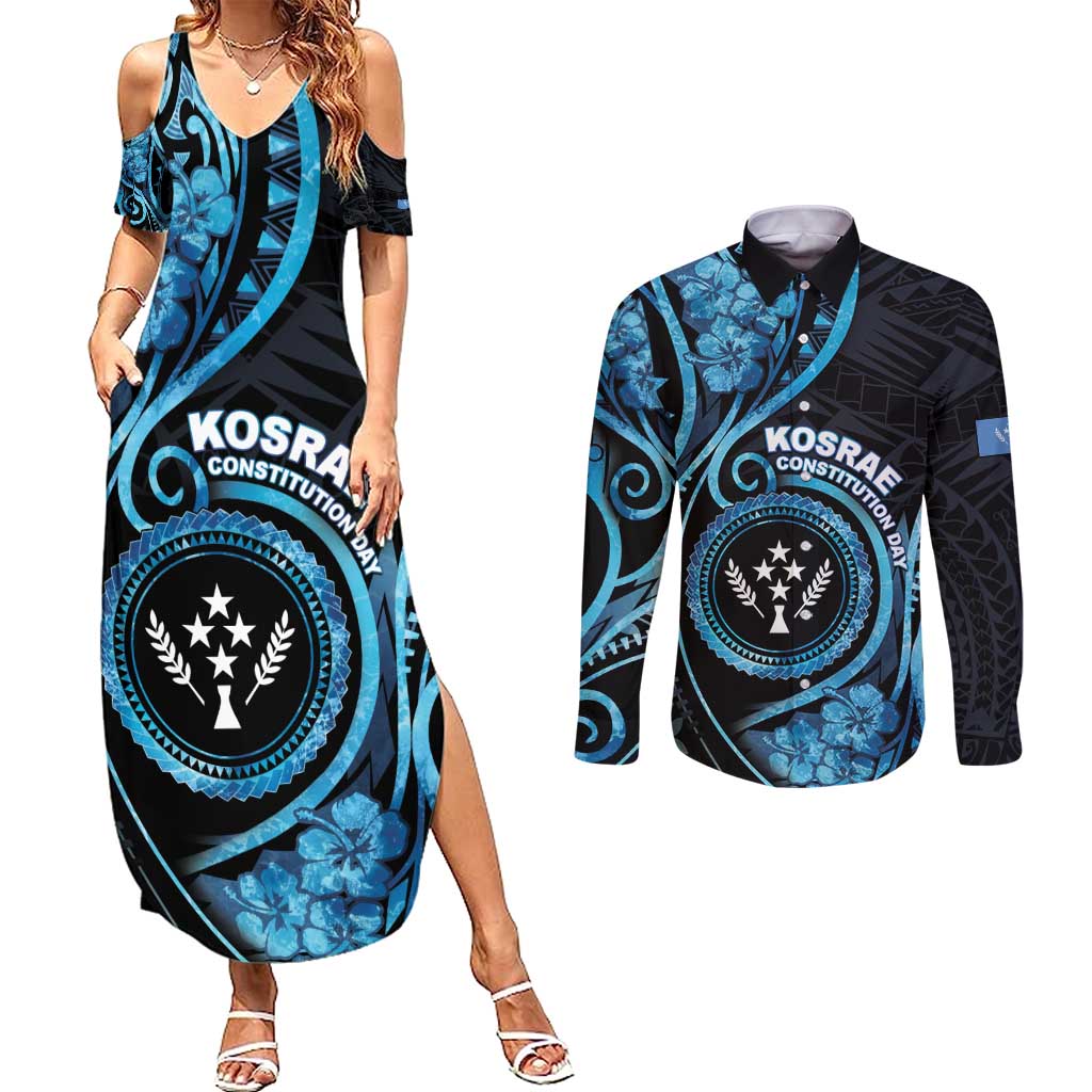 Personalised Kosrae Constitution Day Couples Matching Summer Maxi Dress and Long Sleeve Button Shirt Ocean Floral Pattern LT05 Black - Polynesian Pride