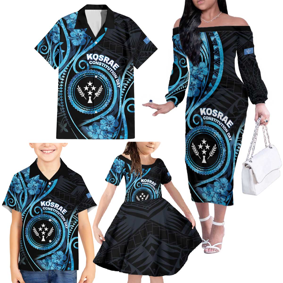 Personalised Kosrae Constitution Day Family Matching Off The Shoulder Long Sleeve Dress and Hawaiian Shirt Ocean Floral Pattern