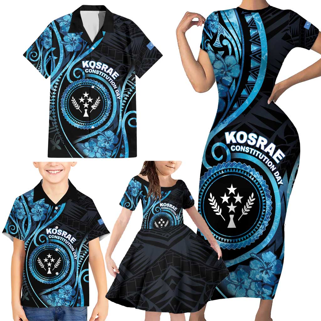 Personalised Kosrae Constitution Day Family Matching Short Sleeve Bodycon Dress and Hawaiian Shirt Ocean Floral Pattern