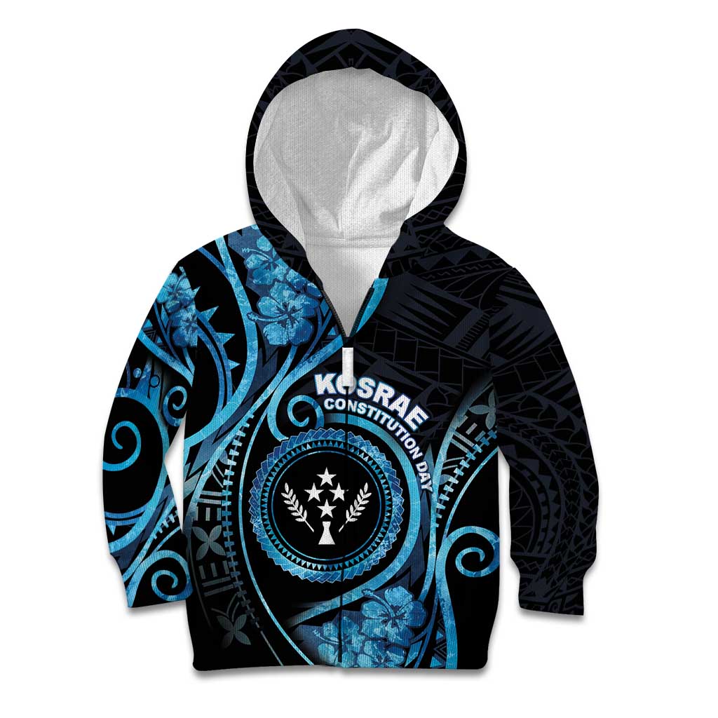Personalised Kosrae Constitution Day Kid Hoodie Ocean Floral Pattern LT05 Zip Hoodie Black - Polynesian Pride