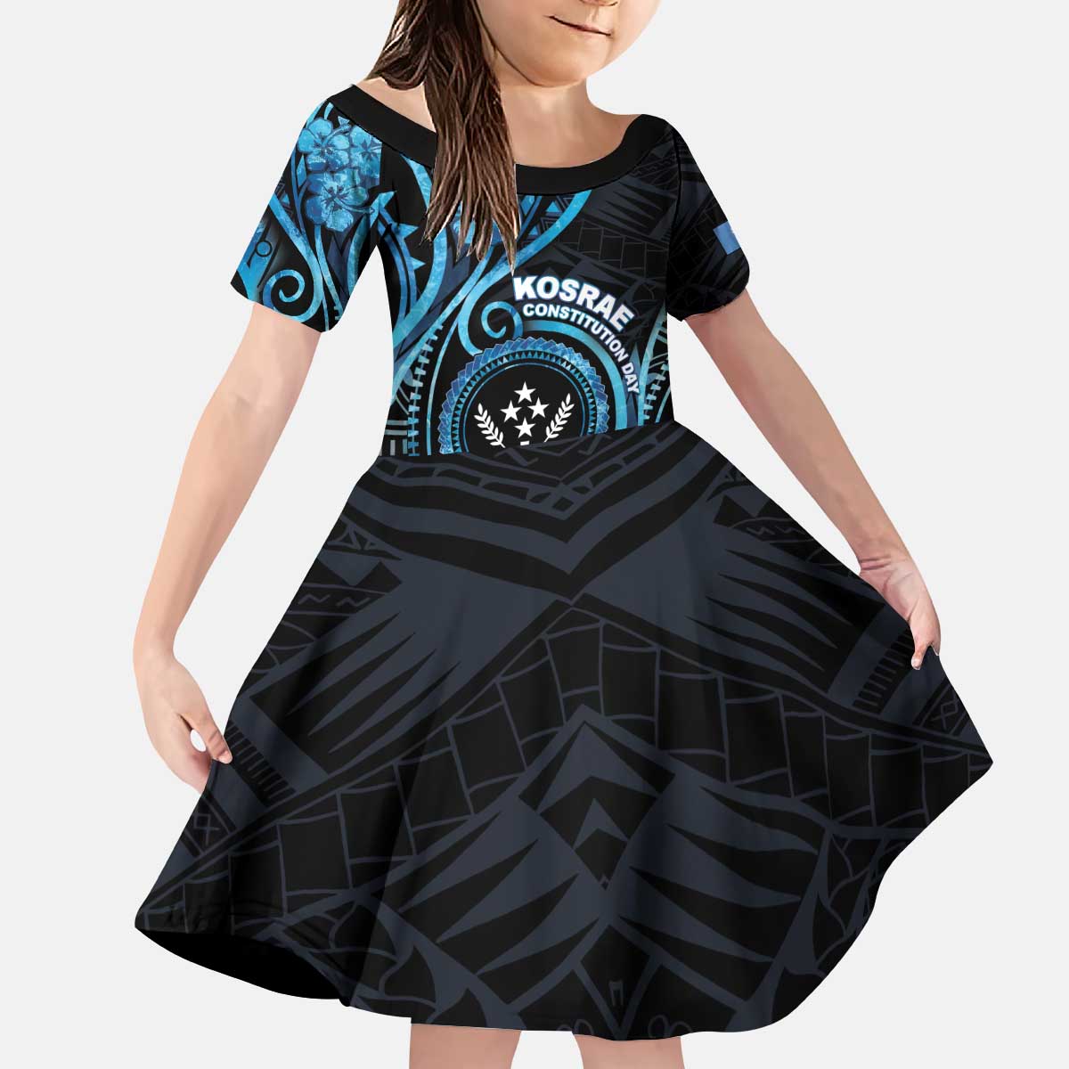 Personalised Kosrae Constitution Day Kid Short Sleeve Dress Ocean Floral Pattern LT05 KID Black - Polynesian Pride