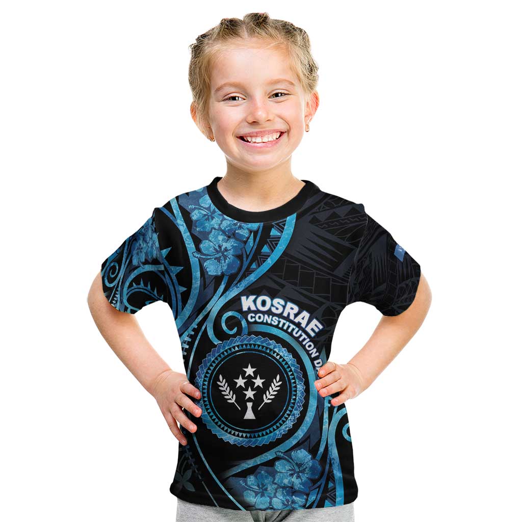 Personalised Kosrae Constitution Day Kid T Shirt Ocean Floral Pattern LT05 Black - Polynesian Pride