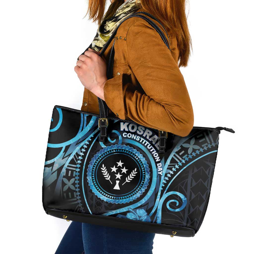 Kosrae Constitution Day Leather Tote Bag Ocean Floral Pattern LT05 Black - Polynesian Pride