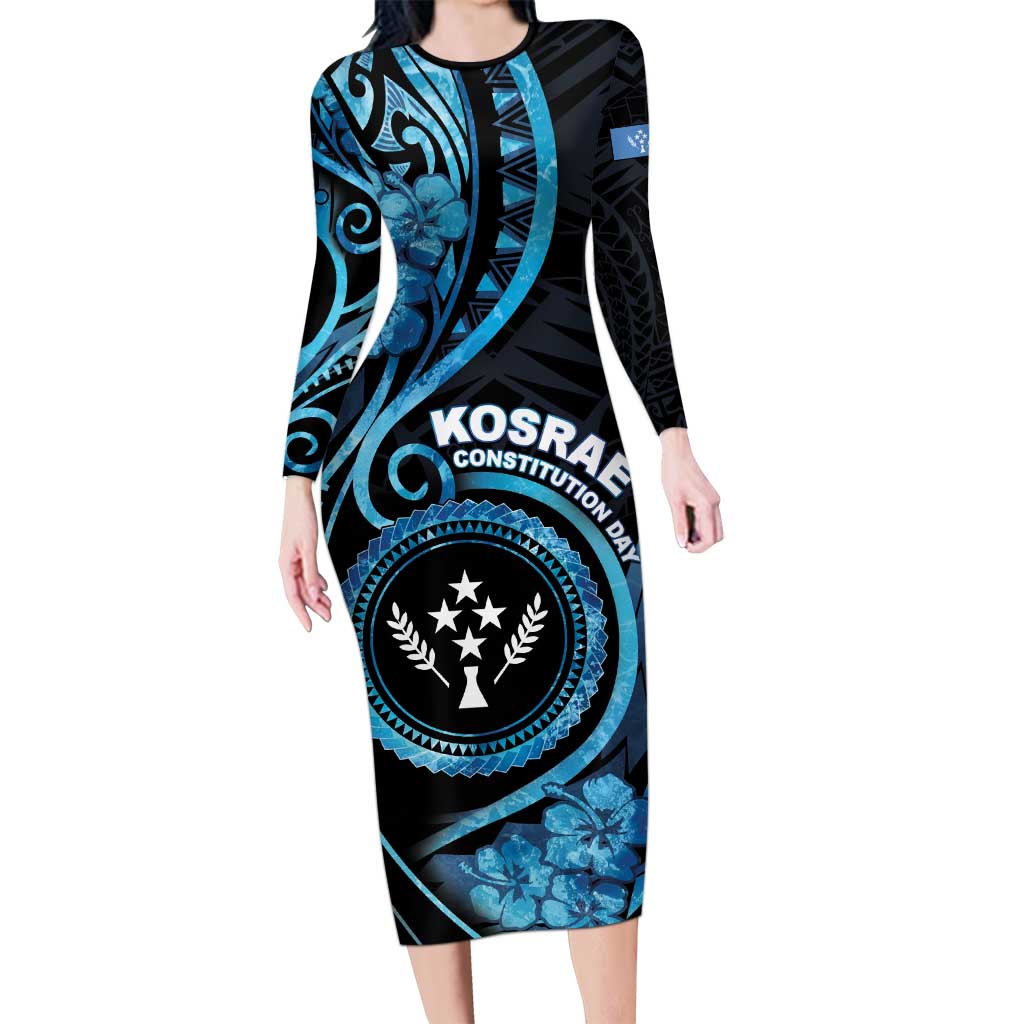 Personalised Kosrae Constitution Day Long Sleeve Bodycon Dress Ocean Floral Pattern LT05 Long Dress Black - Polynesian Pride
