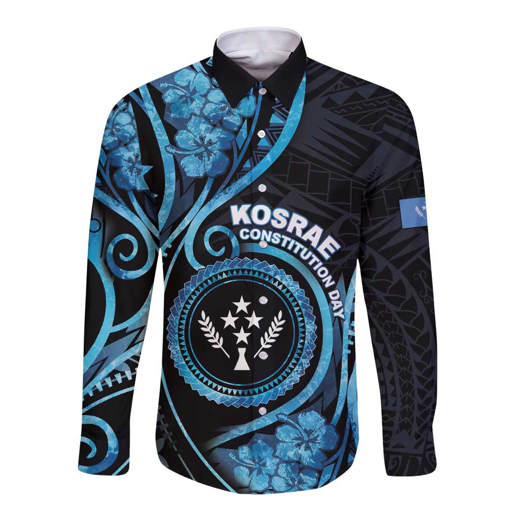Personalised Kosrae Constitution Day Long Sleeve Button Shirt Ocean Floral Pattern LT05 Unisex Black - Polynesian Pride