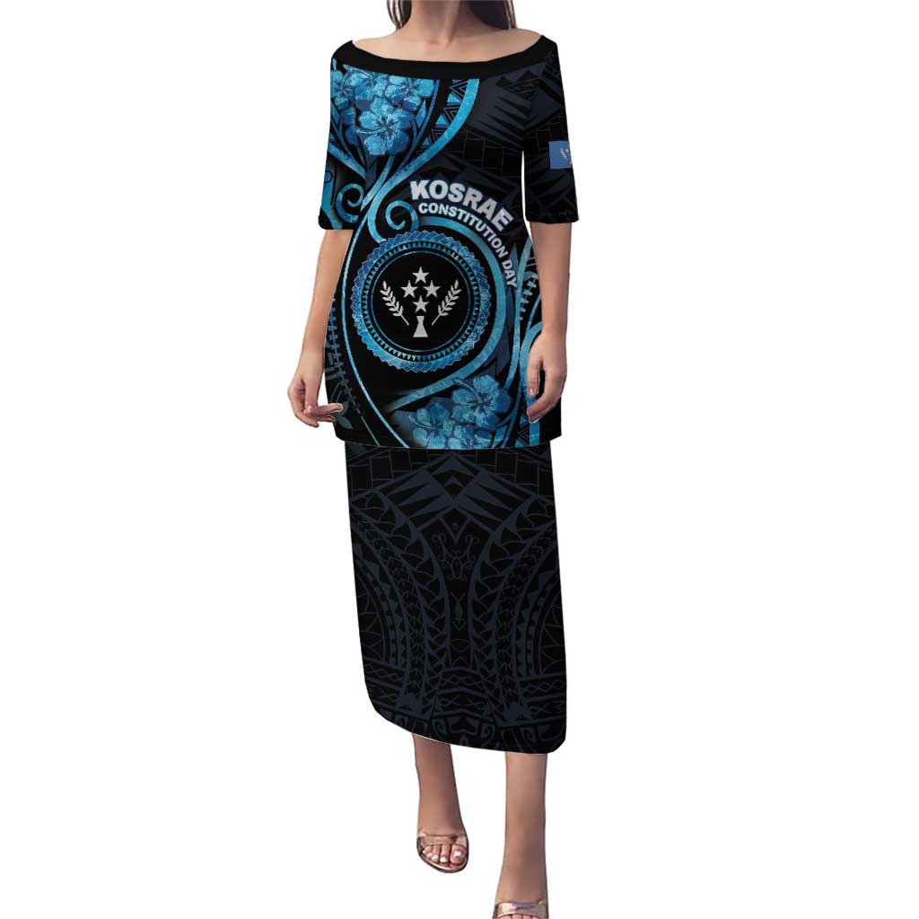 Personalised Kosrae Constitution Day Puletasi Ocean Floral Pattern LT05 Long Dress Black - Polynesian Pride