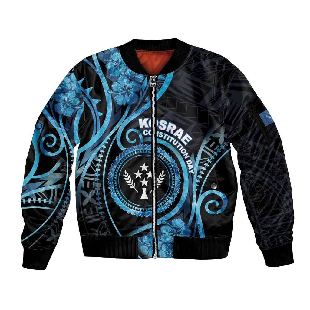 Personalised Kosrae Constitution Day Sleeve Zip Bomber Jacket Ocean Floral Pattern LT05 Unisex Black - Polynesian Pride