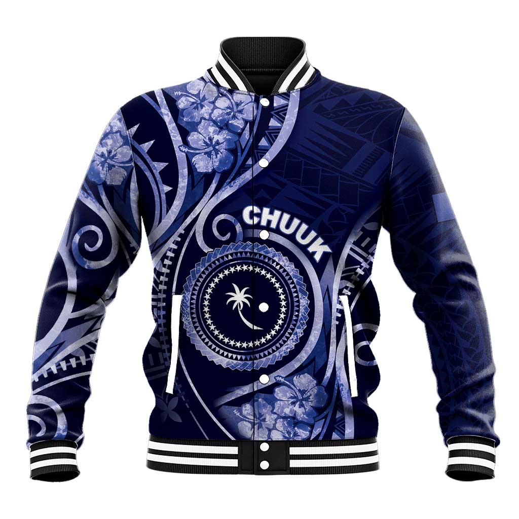 Personalised FSM Chuuk Baseball Jacket Ocean Floral Pattern LT05 Unisex Navy - Polynesian Pride