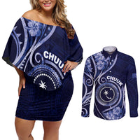 Personalised FSM Chuuk Couples Matching Off Shoulder Short Dress and Long Sleeve Button Shirt Ocean Floral Pattern LT05 Navy - Polynesian Pride