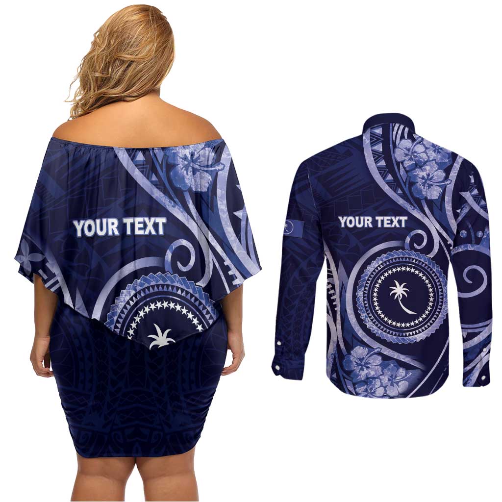 Personalised FSM Chuuk Couples Matching Off Shoulder Short Dress and Long Sleeve Button Shirt Ocean Floral Pattern LT05 - Polynesian Pride