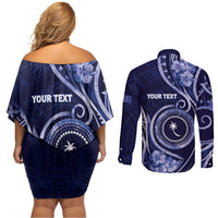 Personalised FSM Chuuk Couples Matching Off Shoulder Short Dress and Long Sleeve Button Shirt Ocean Floral Pattern LT05 - Polynesian Pride