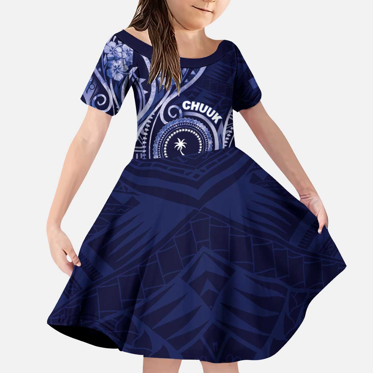 Personalised FSM Chuuk Kid Short Sleeve Dress Ocean Floral Pattern LT05 KID Navy - Polynesian Pride