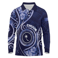 Personalised FSM Chuuk Long Sleeve Polo Shirt Ocean Floral Pattern LT05 Navy - Polynesian Pride