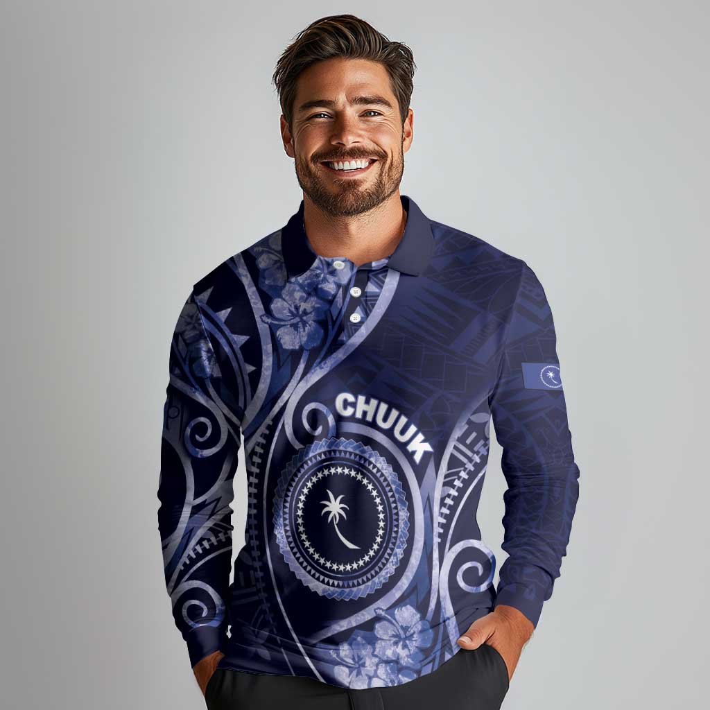 Personalised FSM Chuuk Long Sleeve Polo Shirt Ocean Floral Pattern LT05 - Polynesian Pride