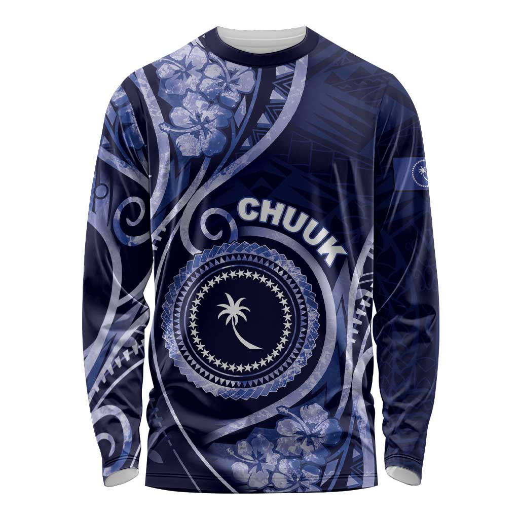 Personalised FSM Chuuk Long Sleeve Shirt Ocean Floral Pattern LT05 Unisex Navy - Polynesian Pride