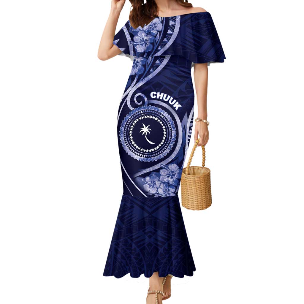 Personalised FSM Chuuk Mermaid Dress Ocean Floral Pattern LT05 Women Navy - Polynesian Pride