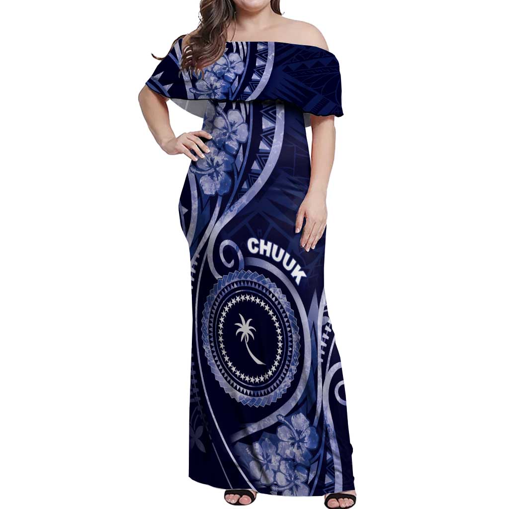 Personalised FSM Chuuk Off Shoulder Maxi Dress Ocean Floral Pattern LT05 Women Navy - Polynesian Pride
