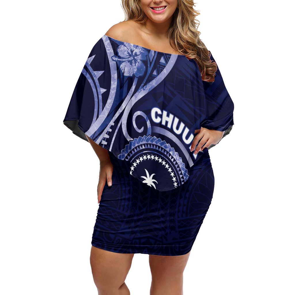 Personalised FSM Chuuk Off Shoulder Short Dress Ocean Floral Pattern LT05 Women Navy - Polynesian Pride