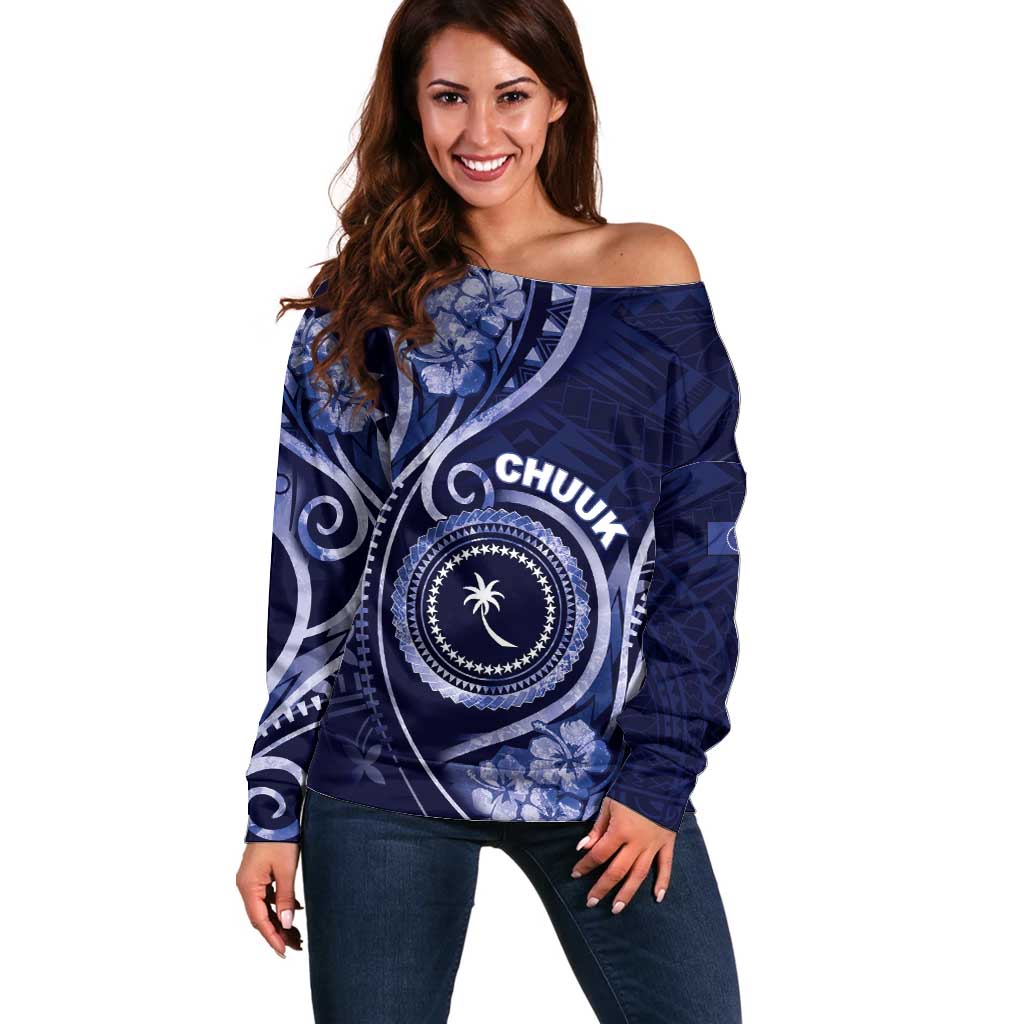 Personalised FSM Chuuk Off Shoulder Sweater Ocean Floral Pattern LT05 Women Navy - Polynesian Pride